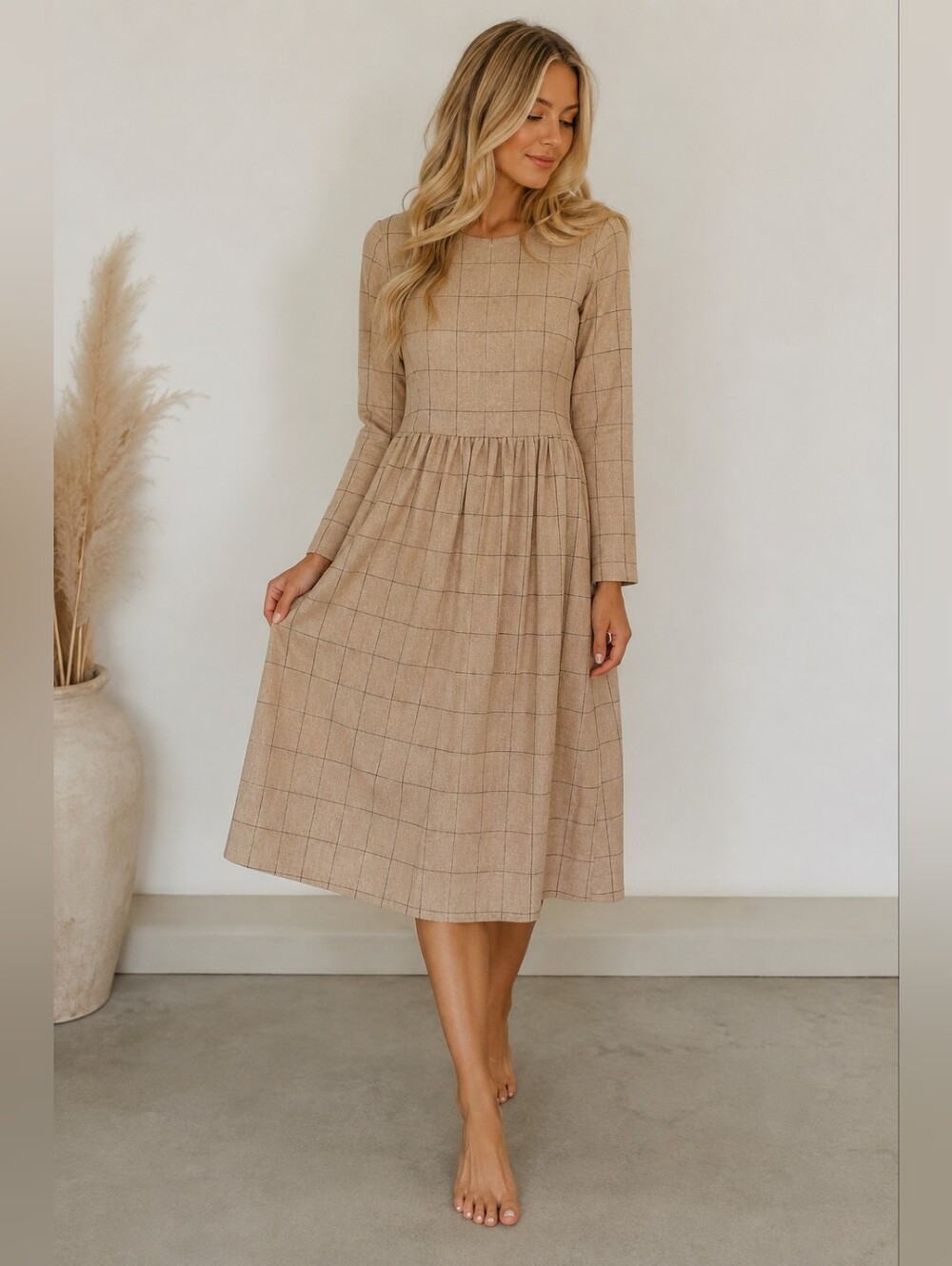 ROOLEE Plaid Windowpane Midi Dress XS Tan Long Sleeve Fit & Flare